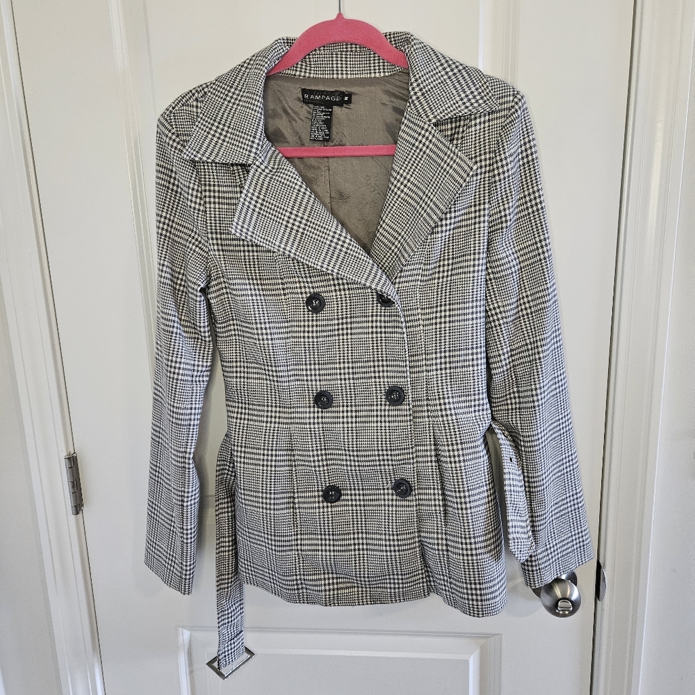 Rampage Y2K belted Plaid Gold thread sparkle medium grey/ white trench coat